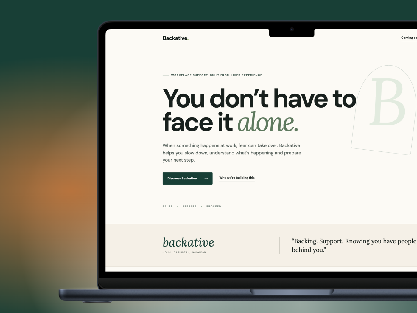 Backative workplace support website shown on a laptop